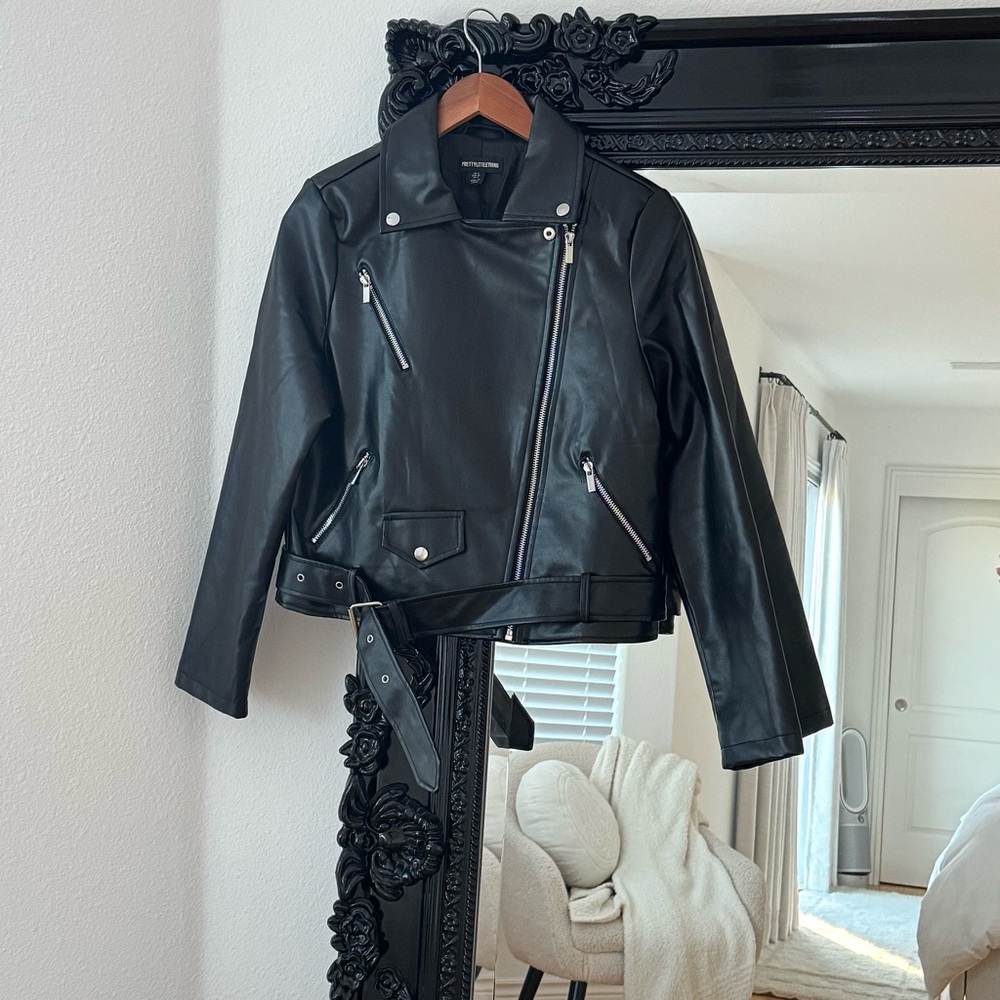 PrettyLittleThing | Women’s Black Faux Leather Belted Biker Jacket